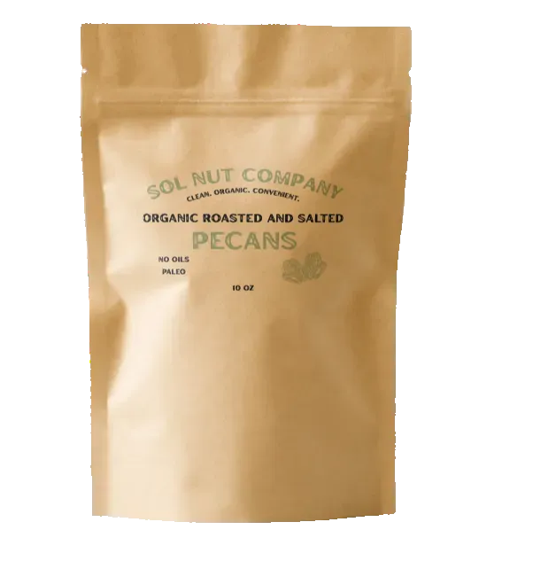Brown packaging of Sol Nut Company organic roasted and salted pecans on a white background
