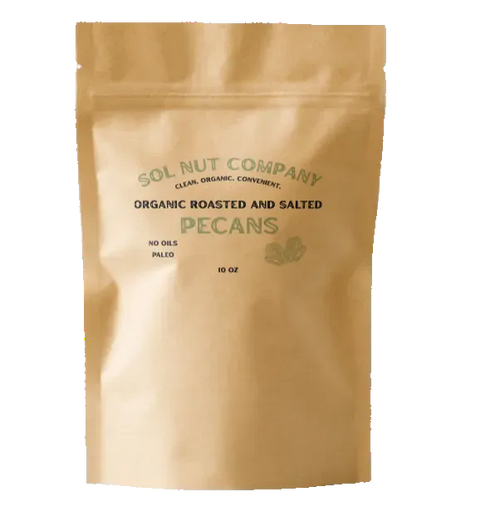 Brown packaging of Sol Nut Company organic roasted and salted pecans on a white background